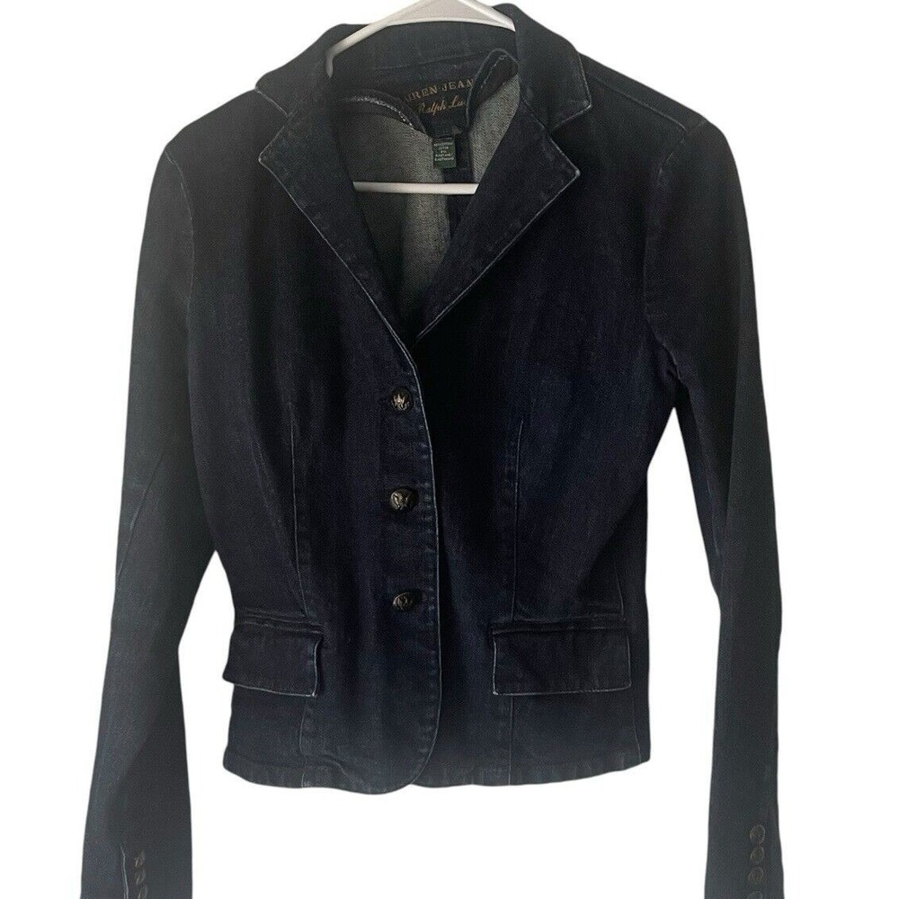 Lauren Ralph Lauren Dark Wash Denim Blazer Jacket Crest Buttons Small
